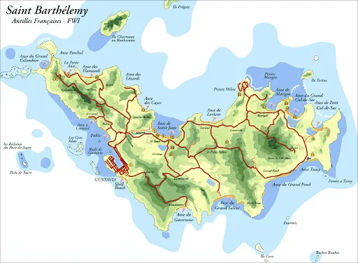 Map of St. Barth highlighting beaches, Gustavia, and key points of interest