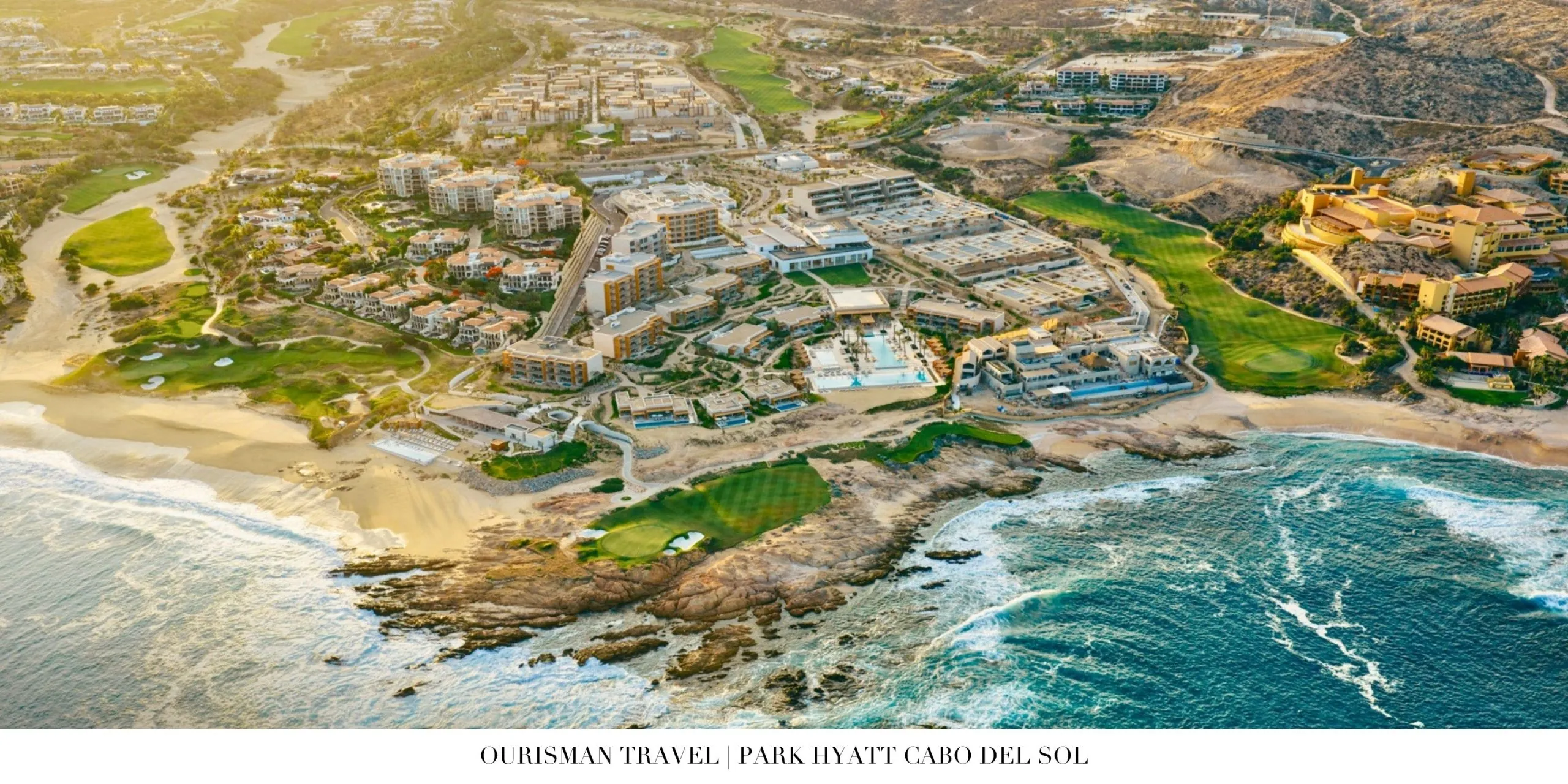 Scenic aerial perspective of Park Hyatt Cabo del Sol and beachfront.
