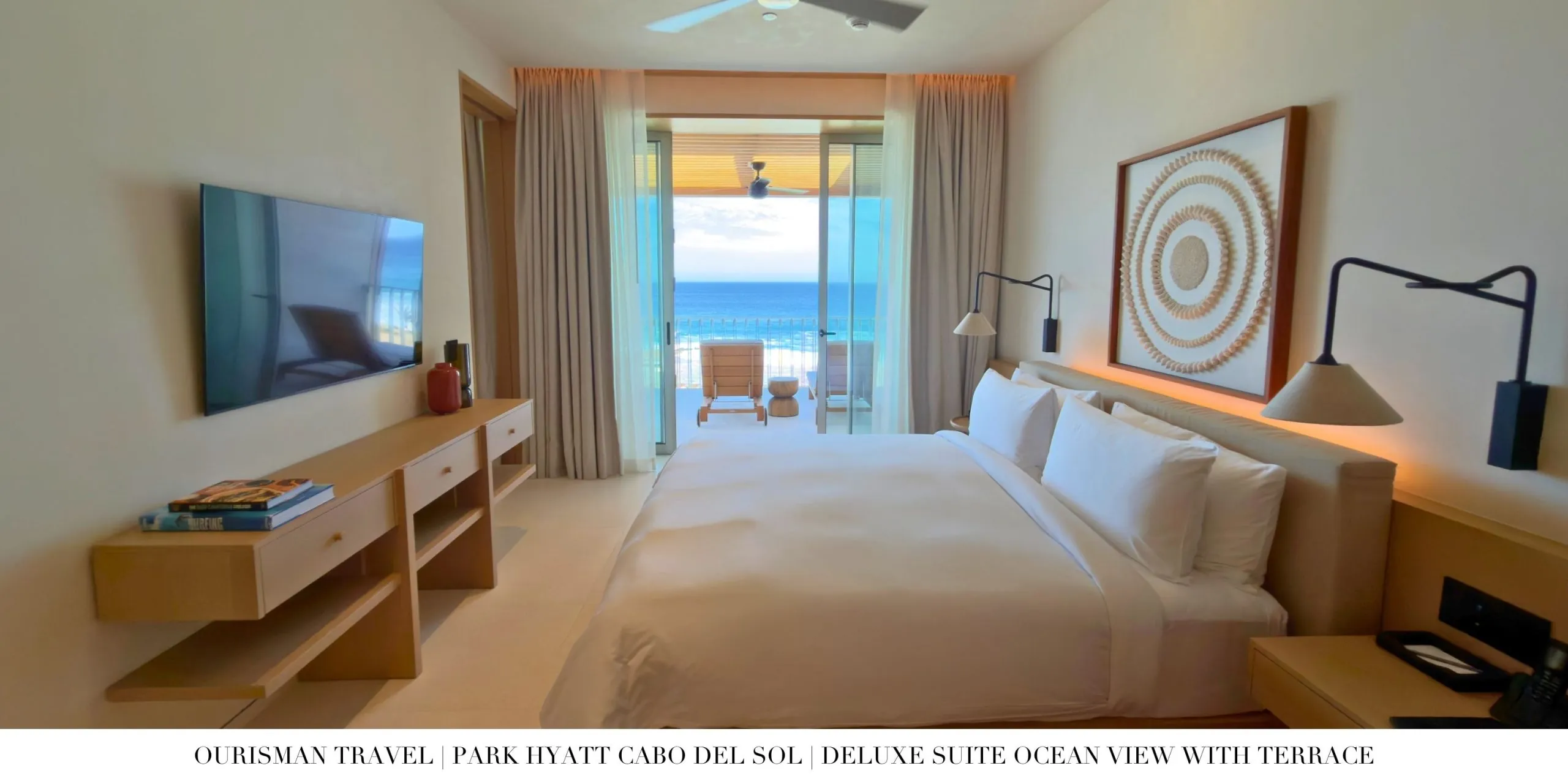 King bed in the Deluxe Ocean Suite at Park Hyatt Cabo del Sol.