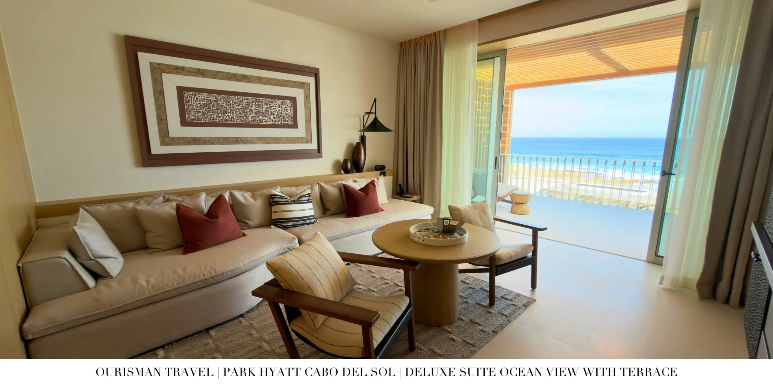 Modern living area in the Deluxe Ocean Suite at Park Hyatt Cabo del Sol.