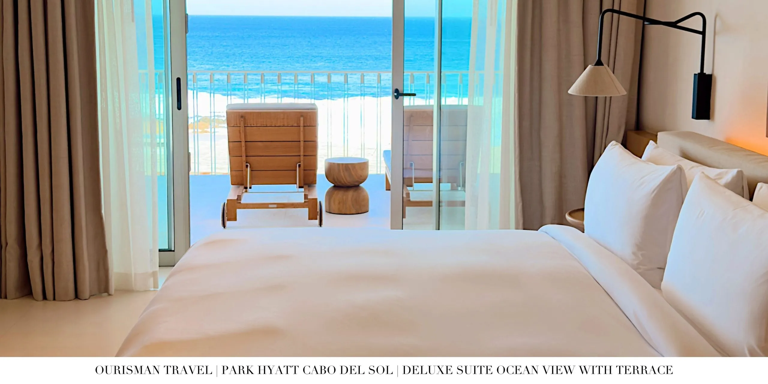 Spacious bedroom in the Deluxe Ocean Suite at Park Hyatt Cabo del Sol.