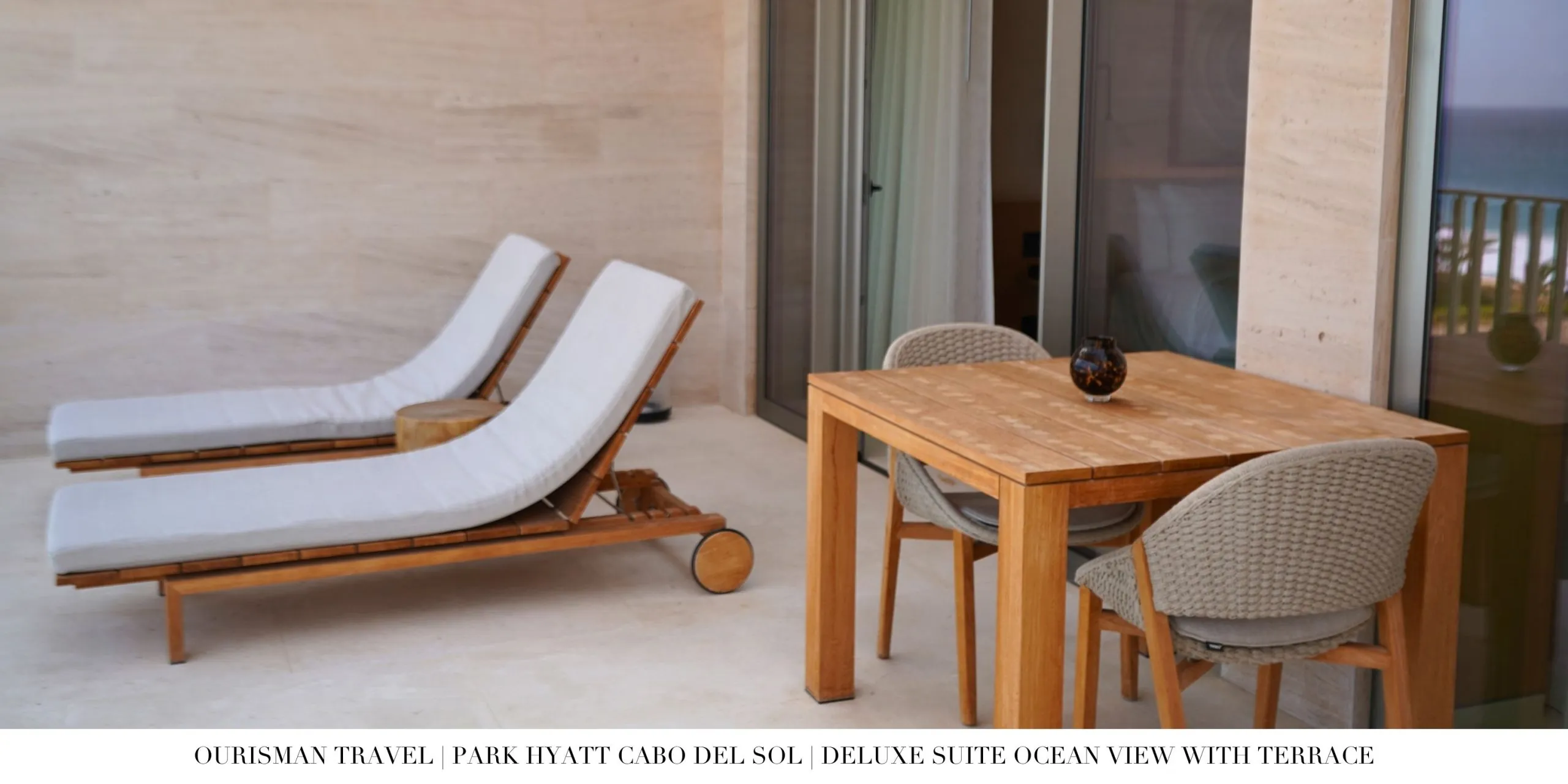 Indoor-outdoor living in the Deluxe Ocean Suite with Terrace at Park Hyatt Cabo del Sol.