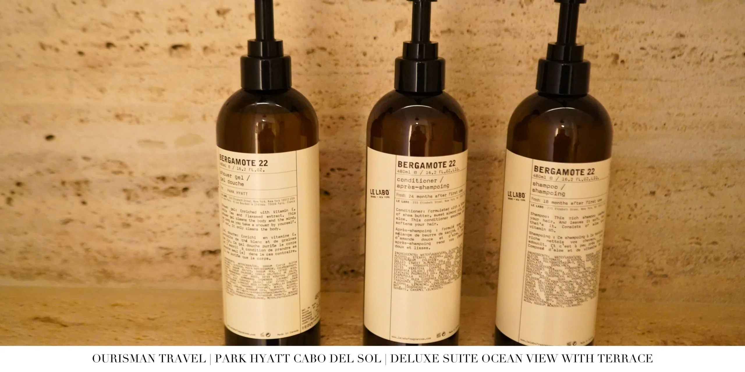 Premium bath amenities in the Deluxe Ocean Suite at Park Hyatt Cabo del Sol.