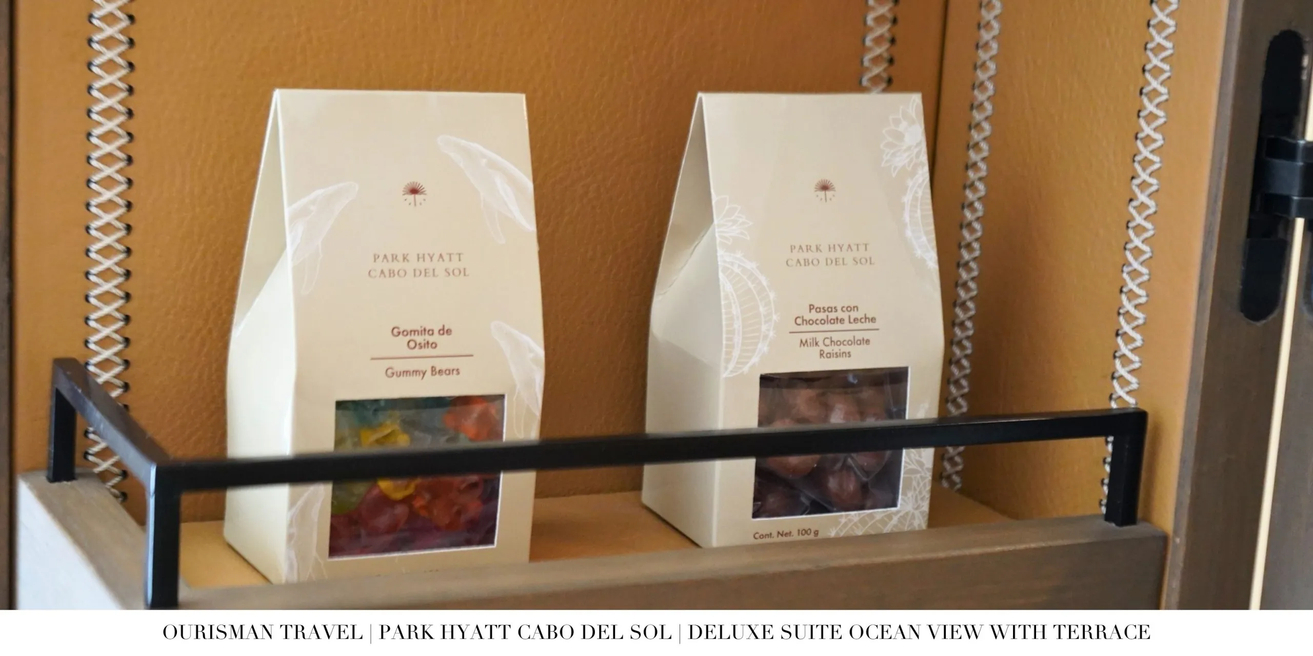 Curated minibar snacks in the Deluxe Ocean Suite at Park Hyatt Cabo del Sol.
