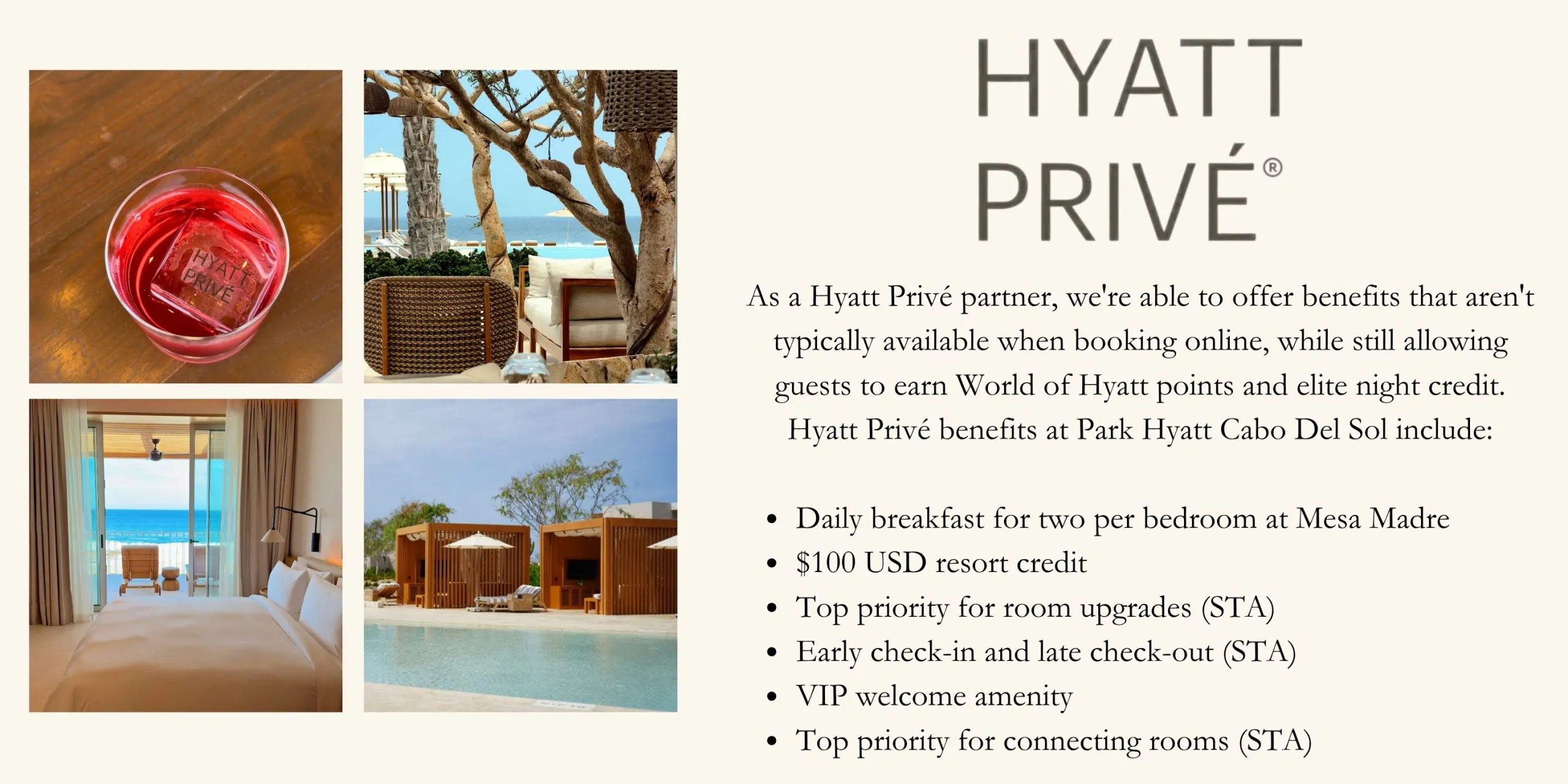 Hyatt Privé amenities at Park Hyatt Cabo del Sol, including complimentary breakfast, resort credit, room upgrades when available, and VIP benefits.