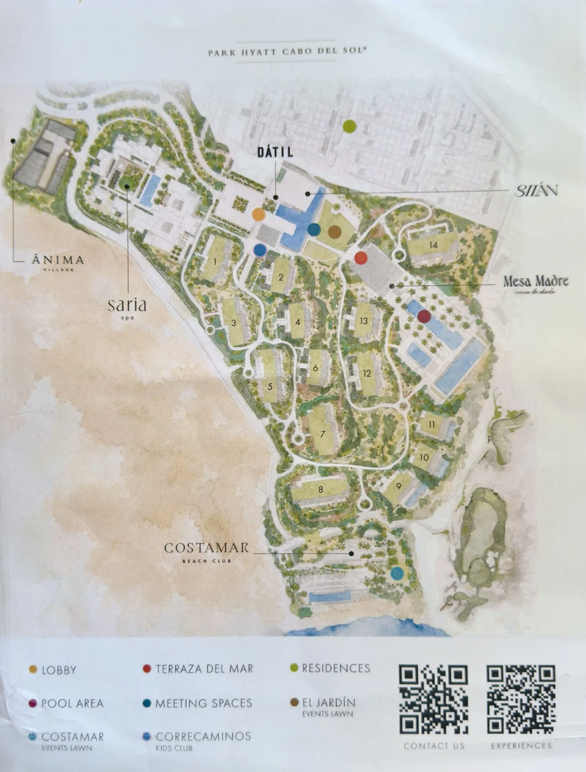 Resort map of Park Hyatt Cabo del Sol showing guest rooms, suites, restaurants, pools, spa, beach, and resort amenities along the Cabo coastline.