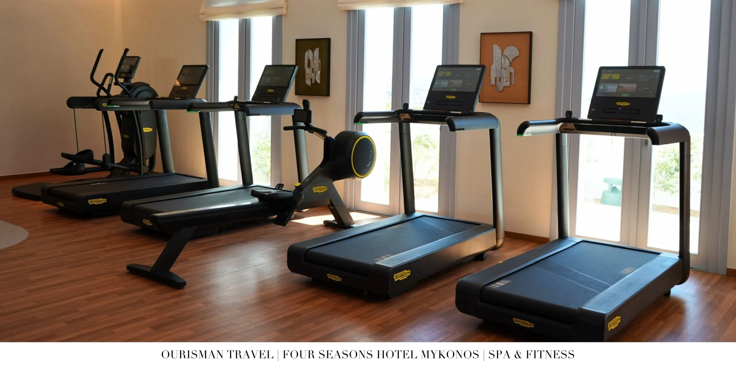 Cardio equipment in the fitness center at Four Seasons Mykonos