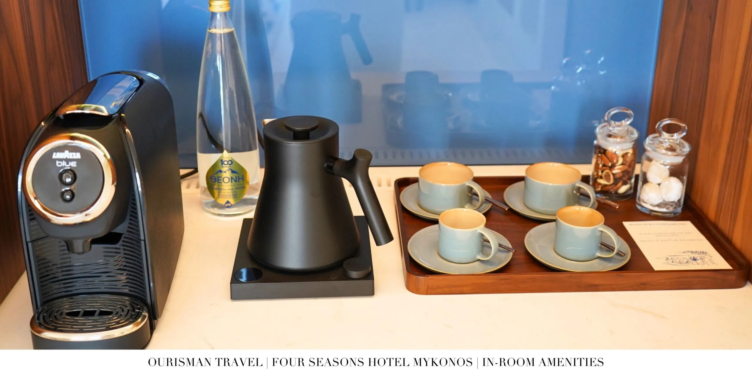 In-room coffee station in the One-Bedroom Sea-View Suite at Four Seasons Mykonos