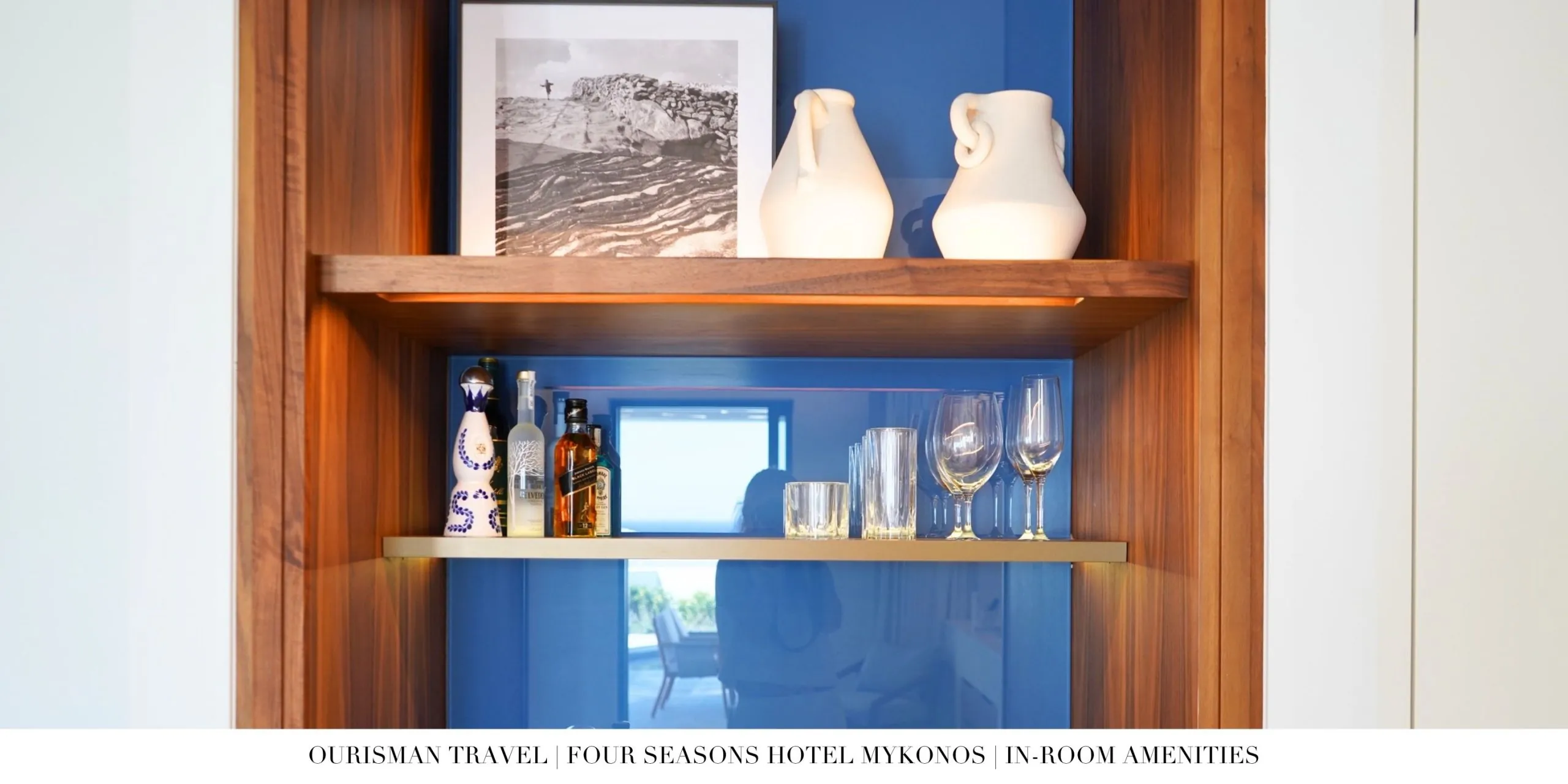 Minibar and glassware in the One-Bedroom Sea-View Suite at Four Seasons Mykonos