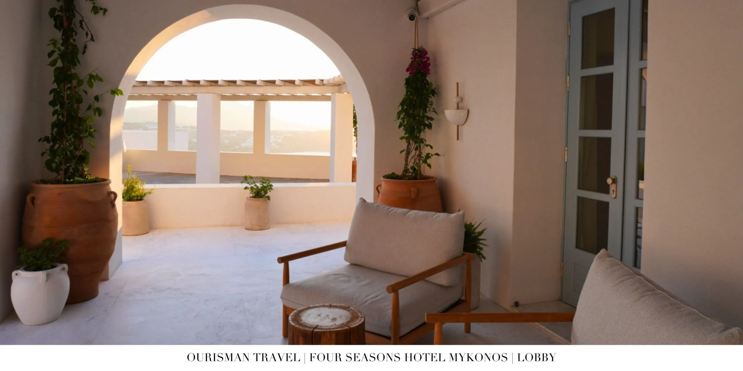 Open-air lobby seating at Four Seasons Mykonos