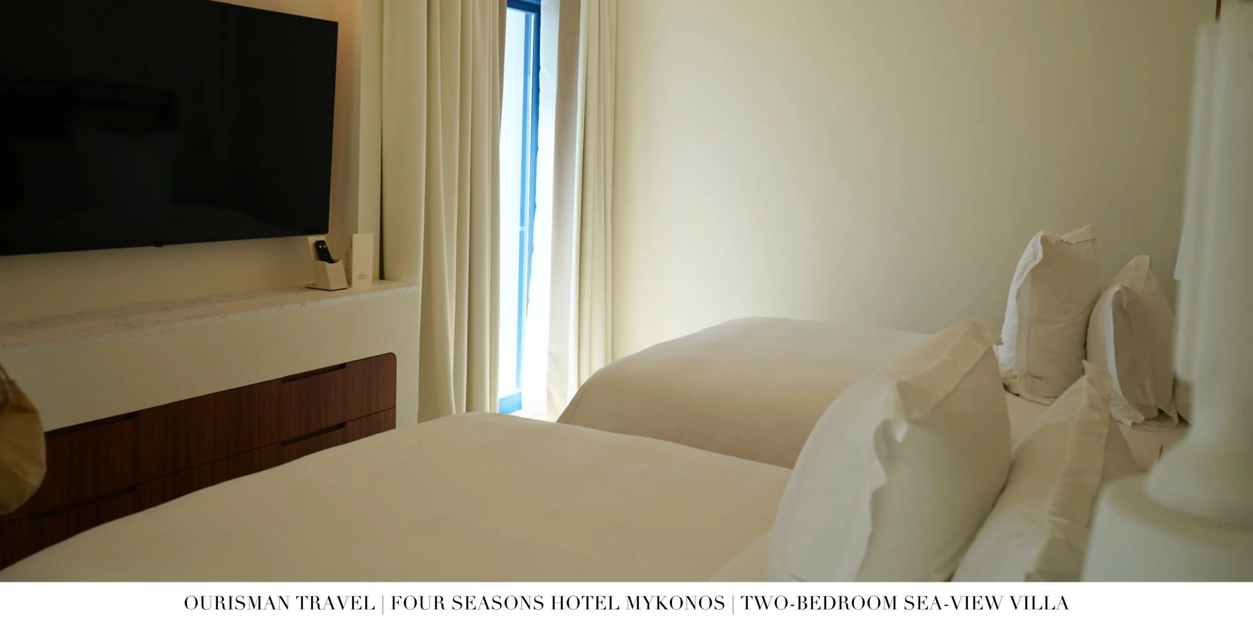 Bedroom with terrace views in the Two-Bedroom Sea-View Villa at Four Seasons Mykonos