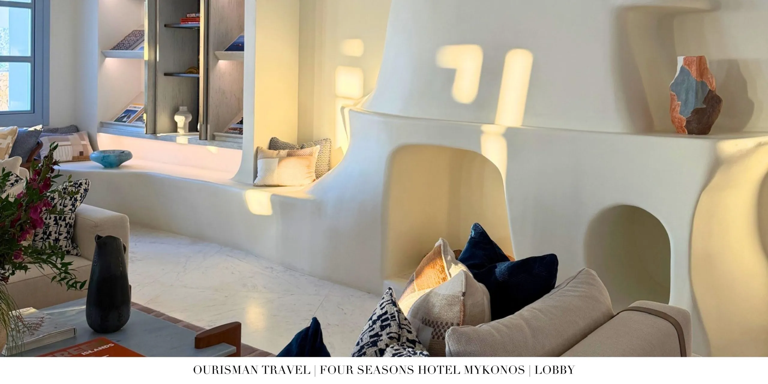 Lobby fireplace at Four Seasons Mykonos