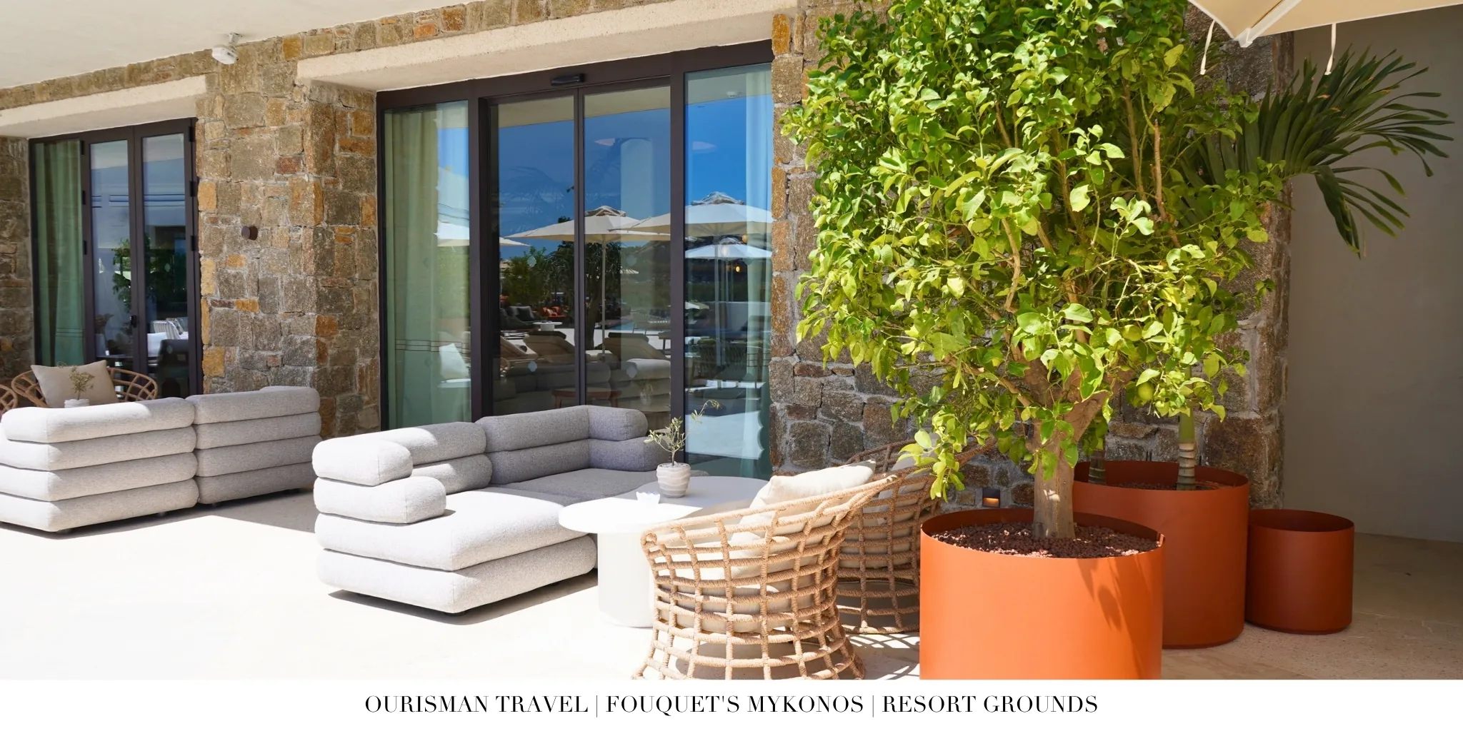 Outdoor lounge and terrace at Fouquet’s Mykonos luxury hotel