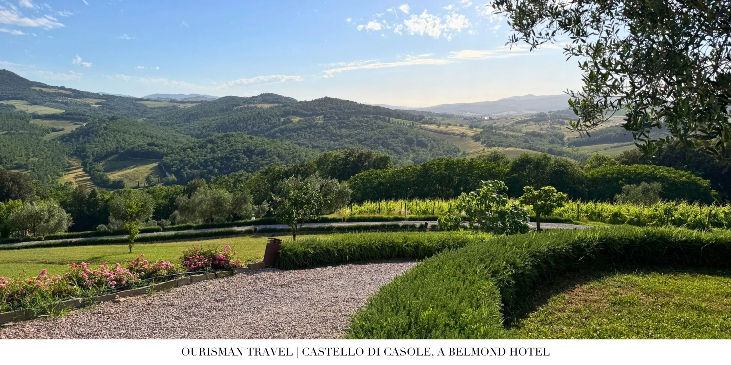 Panoramic view of the Tuscan countryside from Castello di Casole, a Belmond Hotel.