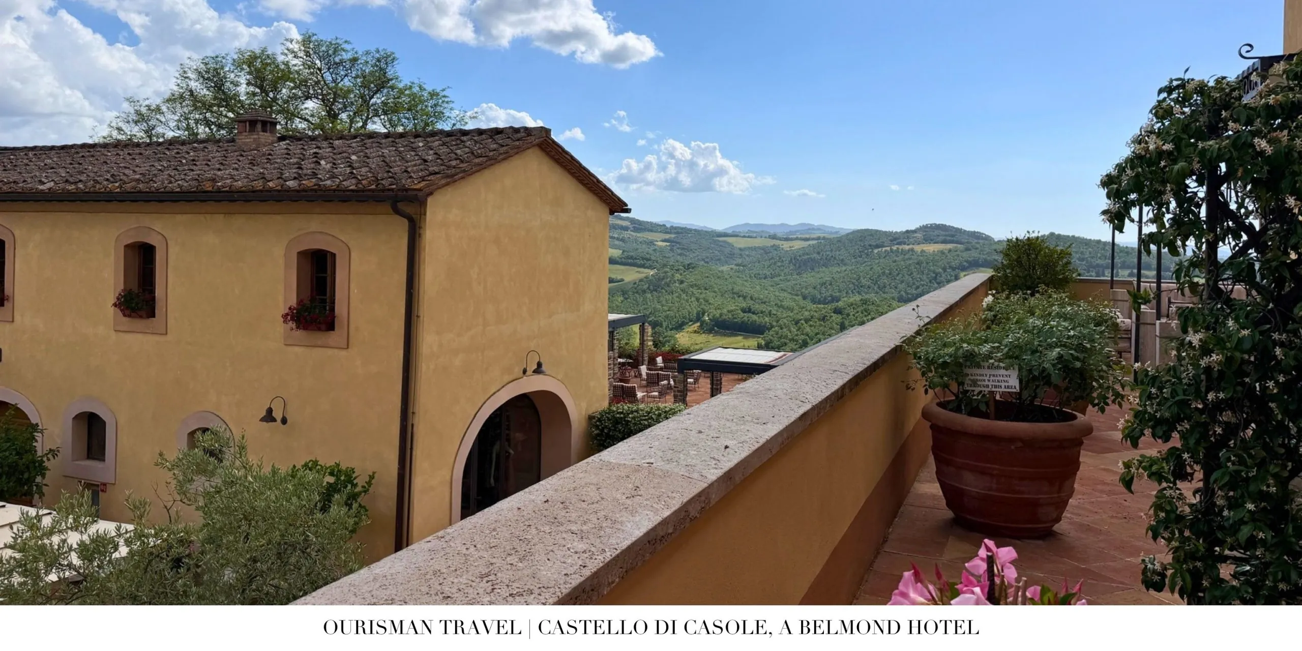 Terrace overlooking the Tuscan countryside at Castello di Casole, a Belmond Hotel.