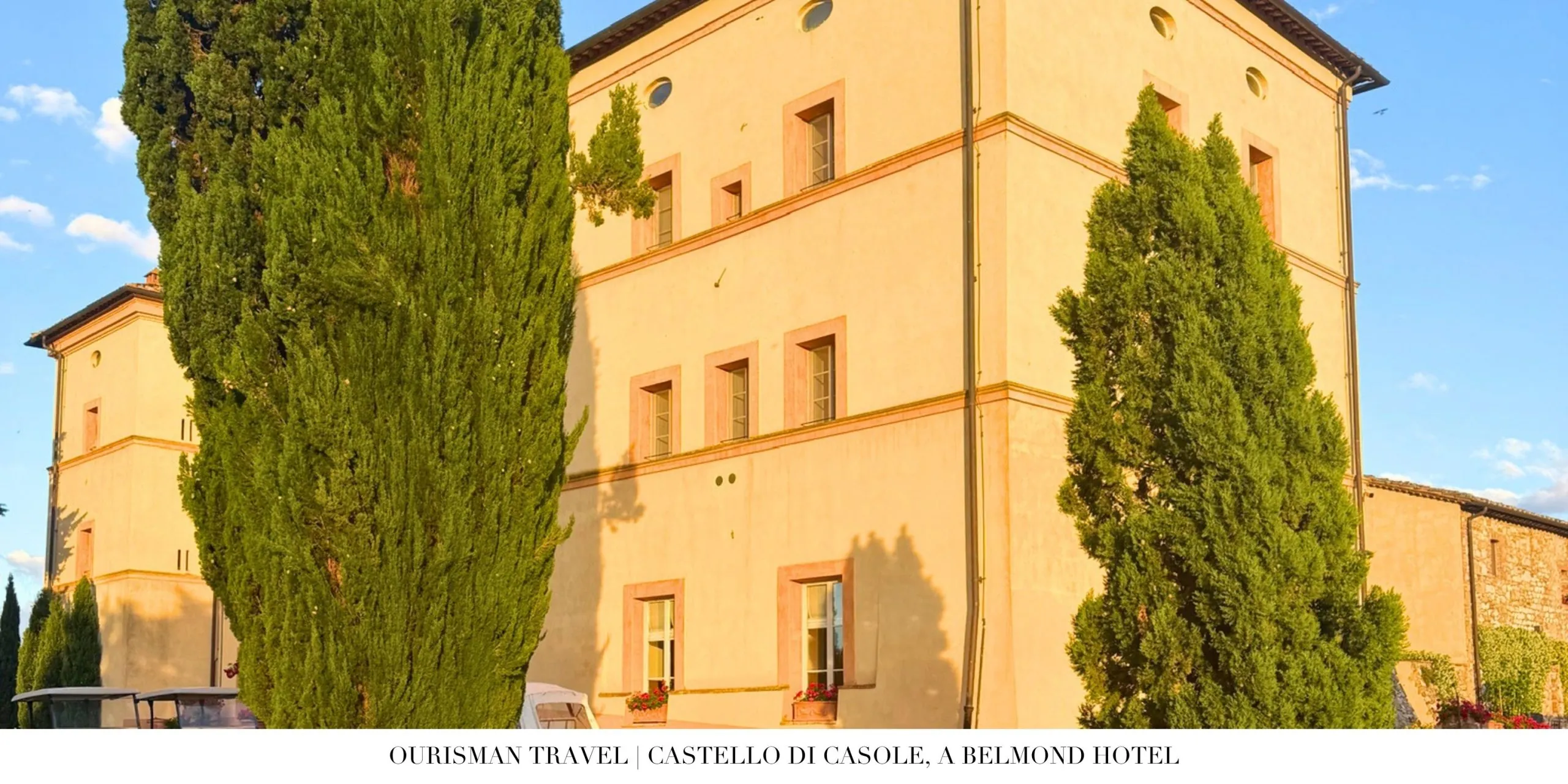 Historic castle buildings at Castello di Casole, a Belmond Hotel in Tuscany.