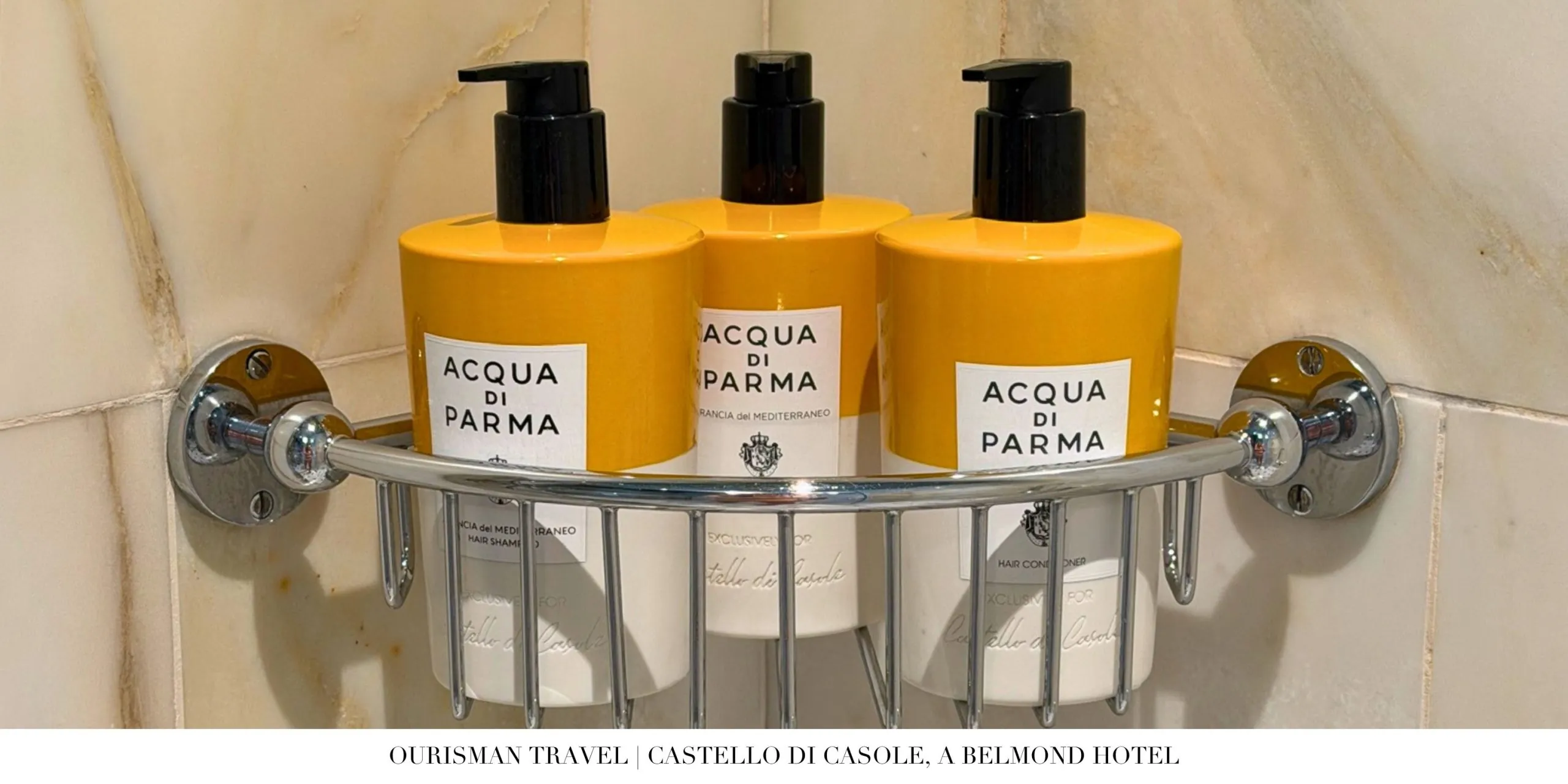 Acqua di Parma toiletries in the Premium Junior Suite bathroom at Castello di Casole.