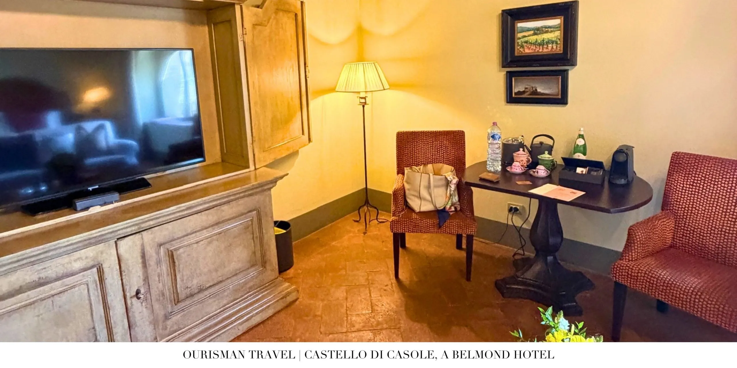 Sitting area in the Premium Junior Suite at Castello di Casole, a Belmond Hotel.