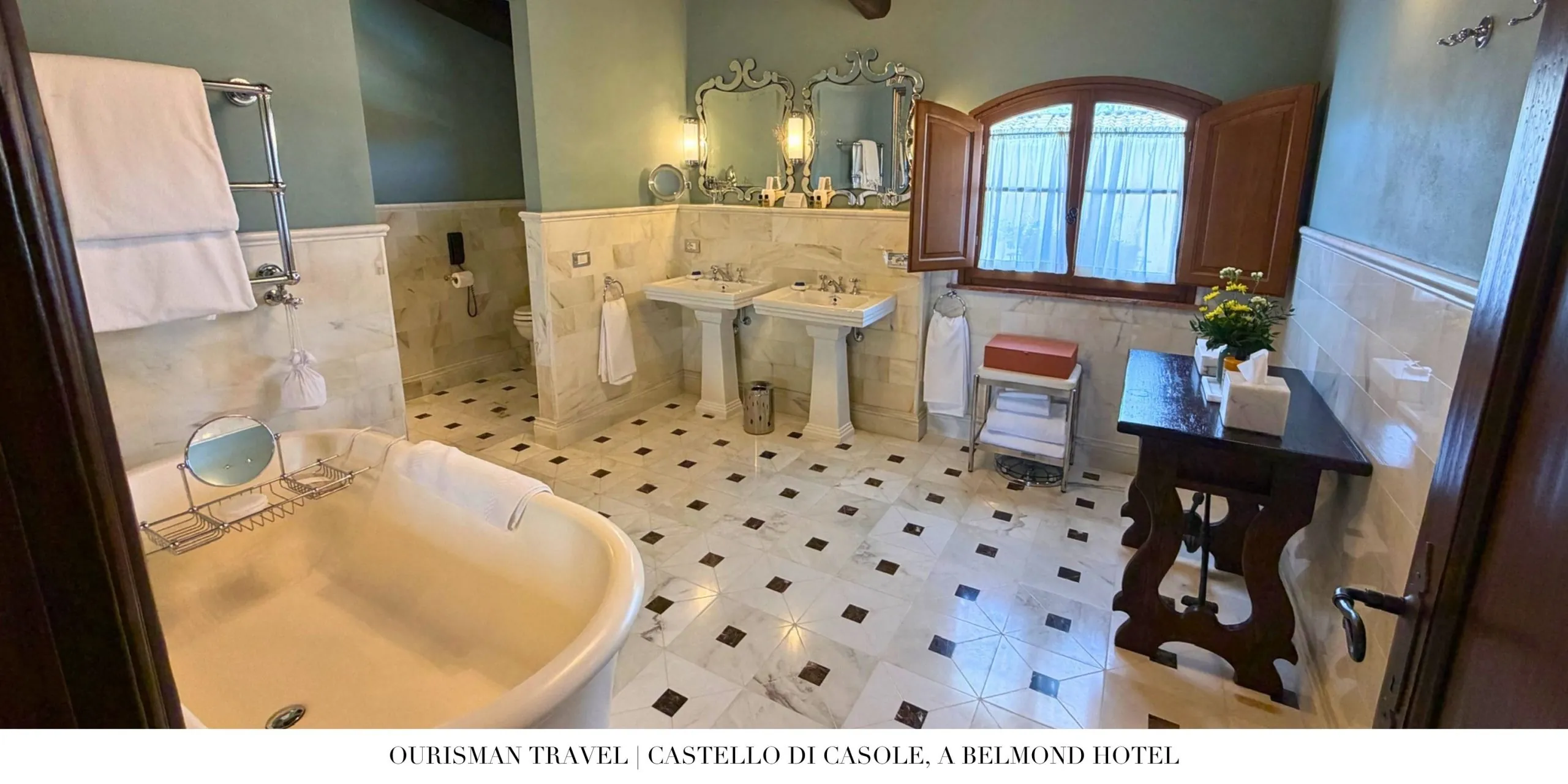 Marble bathroom in the Premium Junior Suite at Castello di Casole, a Belmond Hotel.