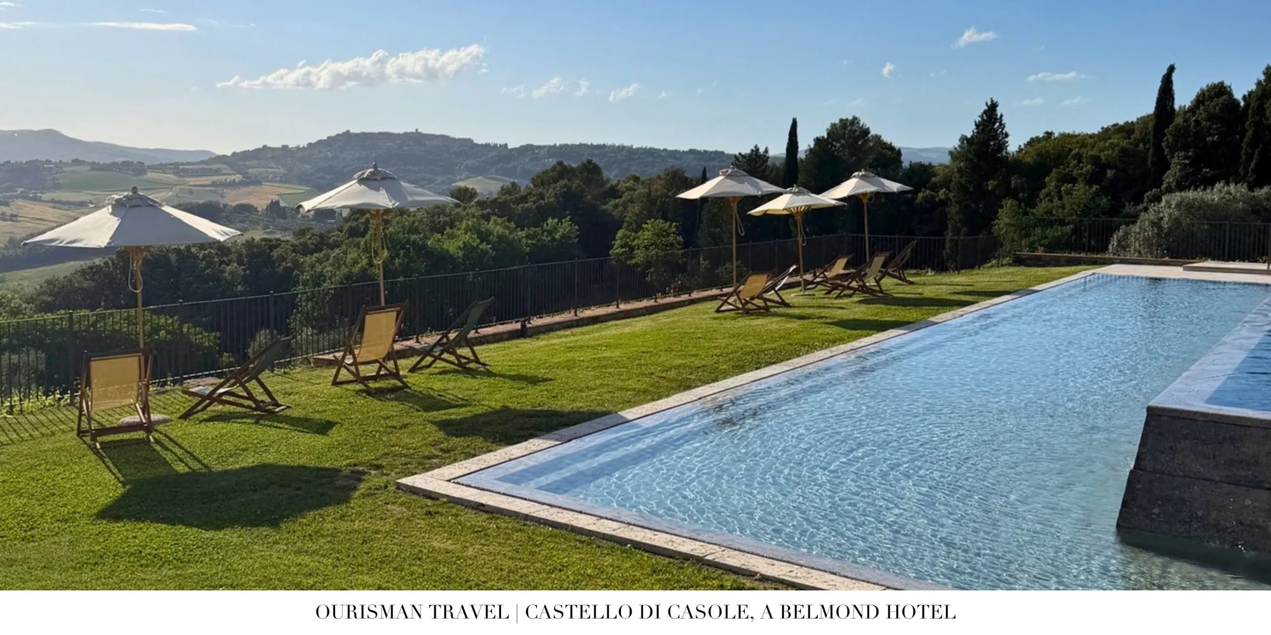 Infinity pool at Castello di Casole, a Belmond Hotel, overlooking the rolling Tuscan countryside.