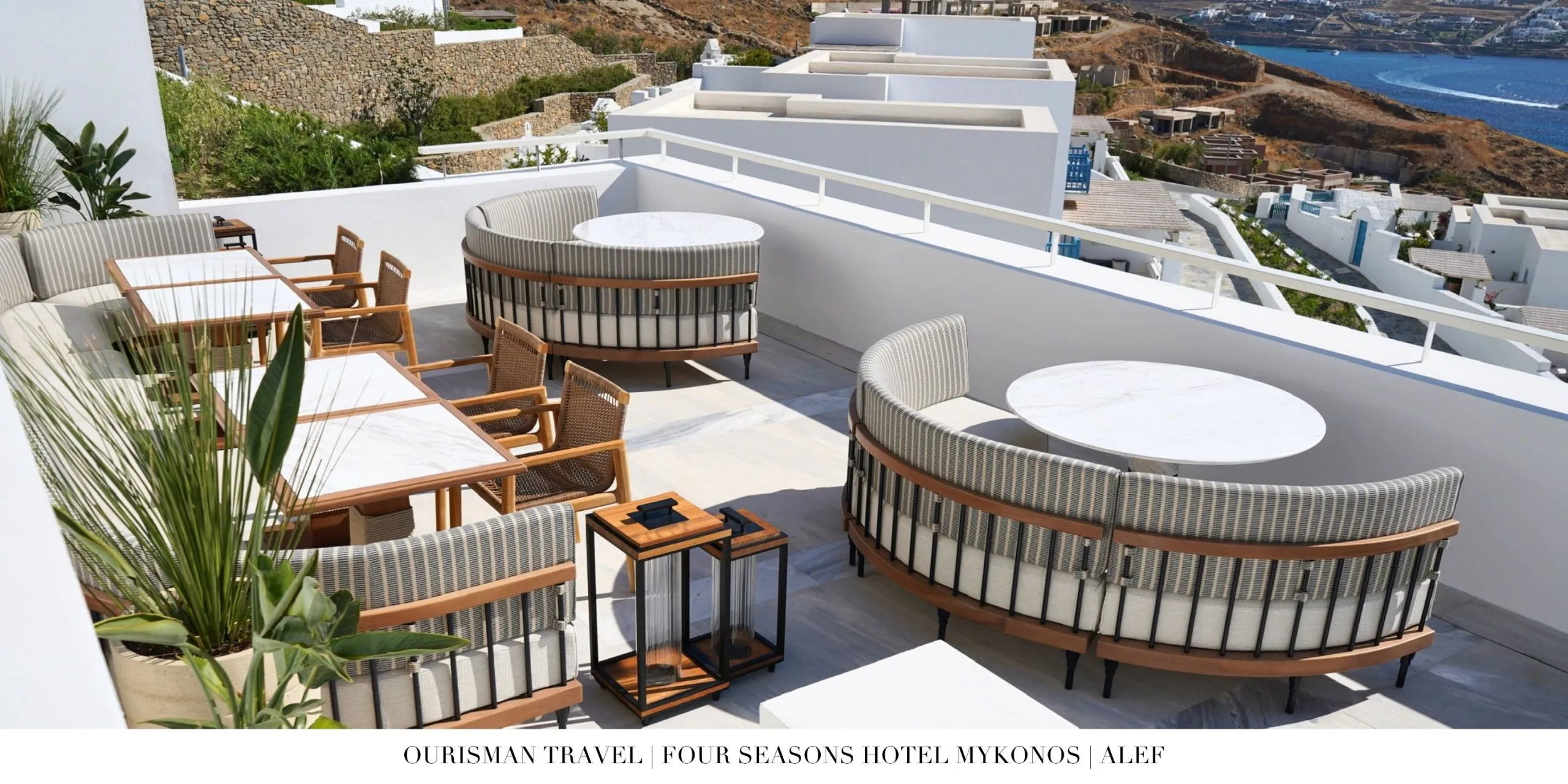 Outdoor terrace at Álef restaurant at Four Seasons Mykonos