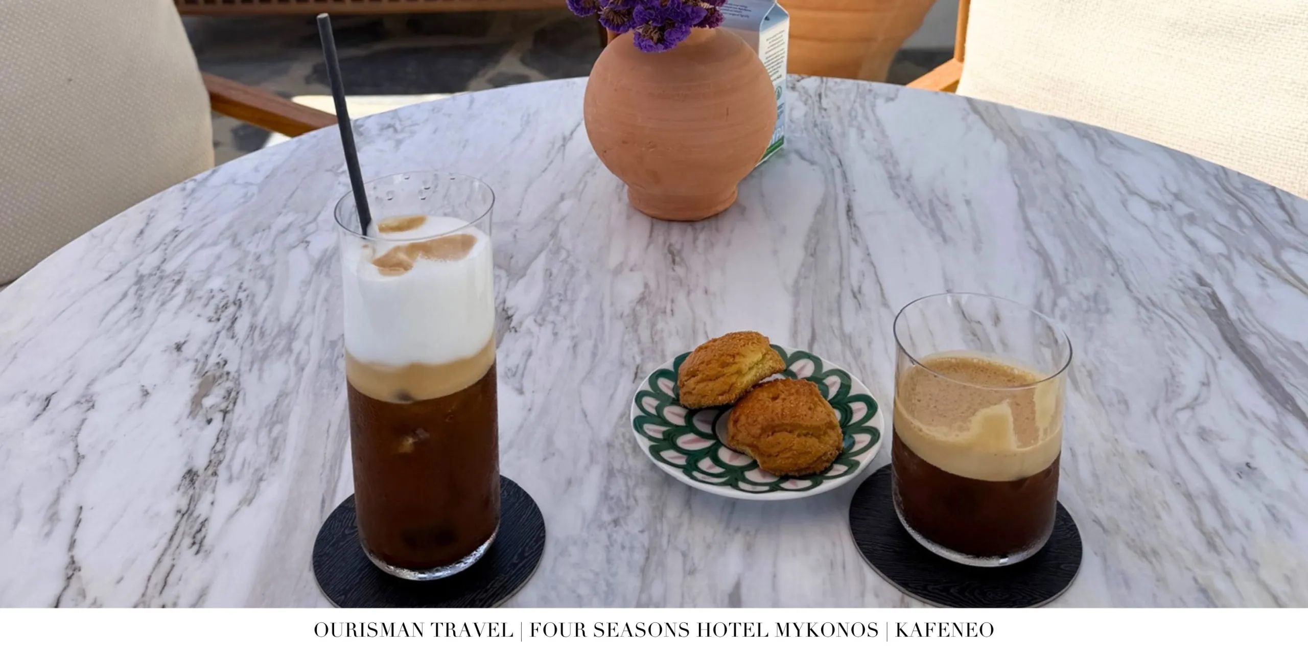 Freddo espressos and pastries at Kafeneo café at Four Seasons Mykonos