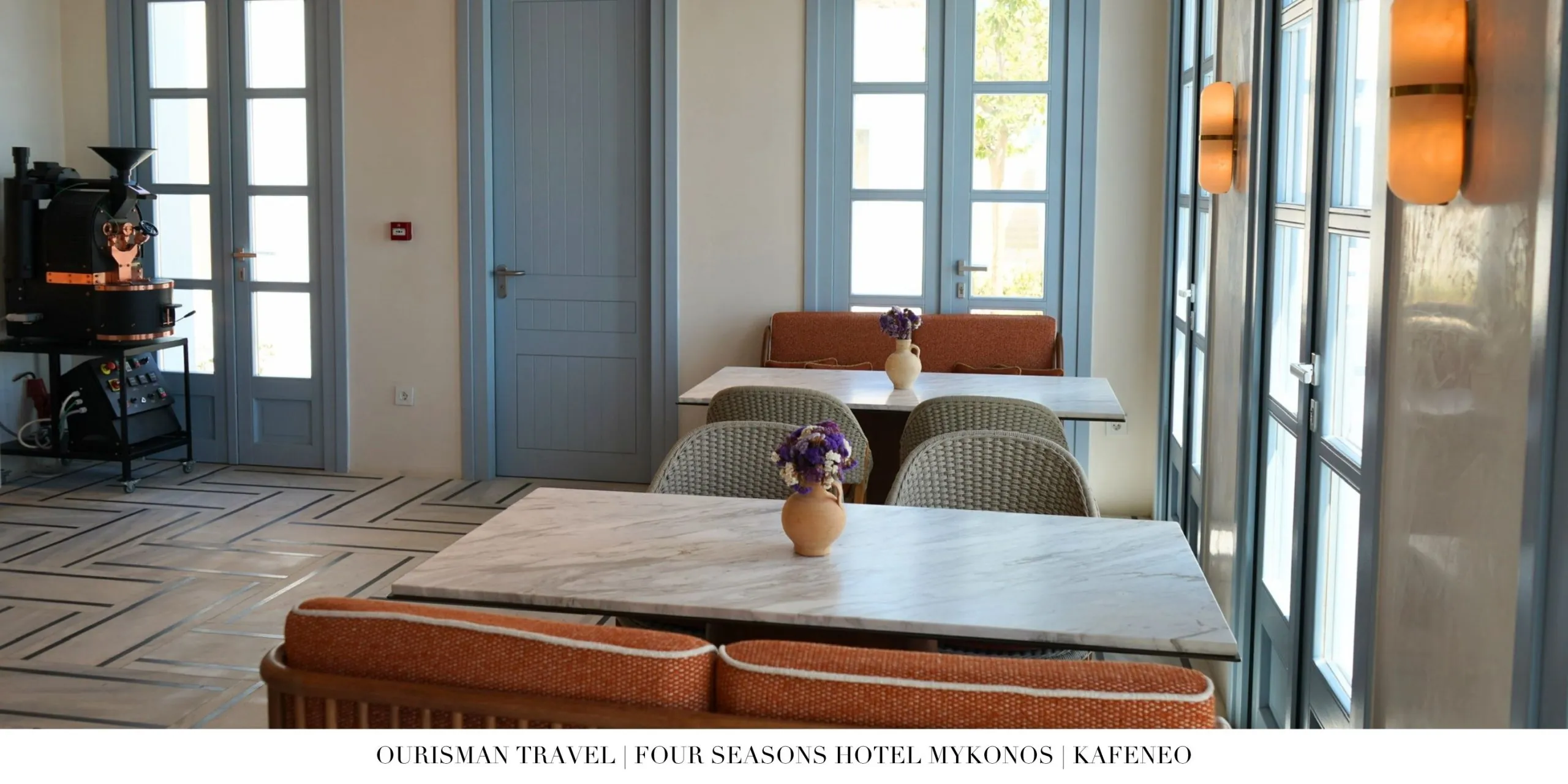 Indoor seating at Kafeneo café at Four Seasons Mykonos
