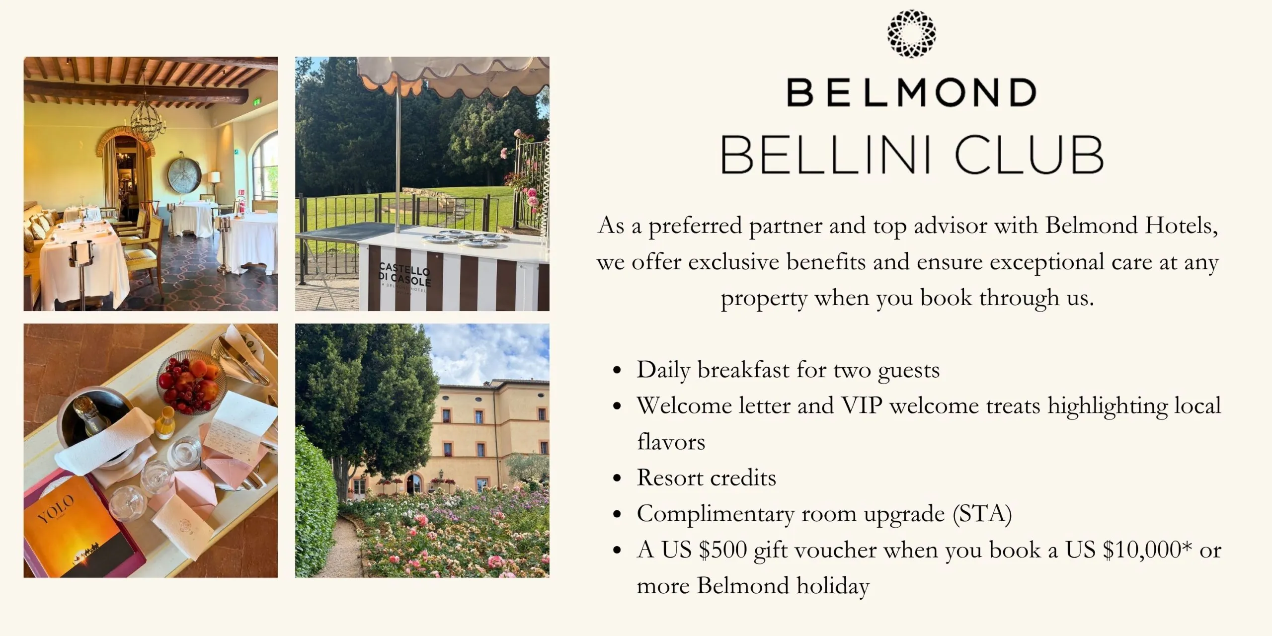 Belmond Bellini Club benefits for guests booking Castello di Casole through Ourisman Travel.