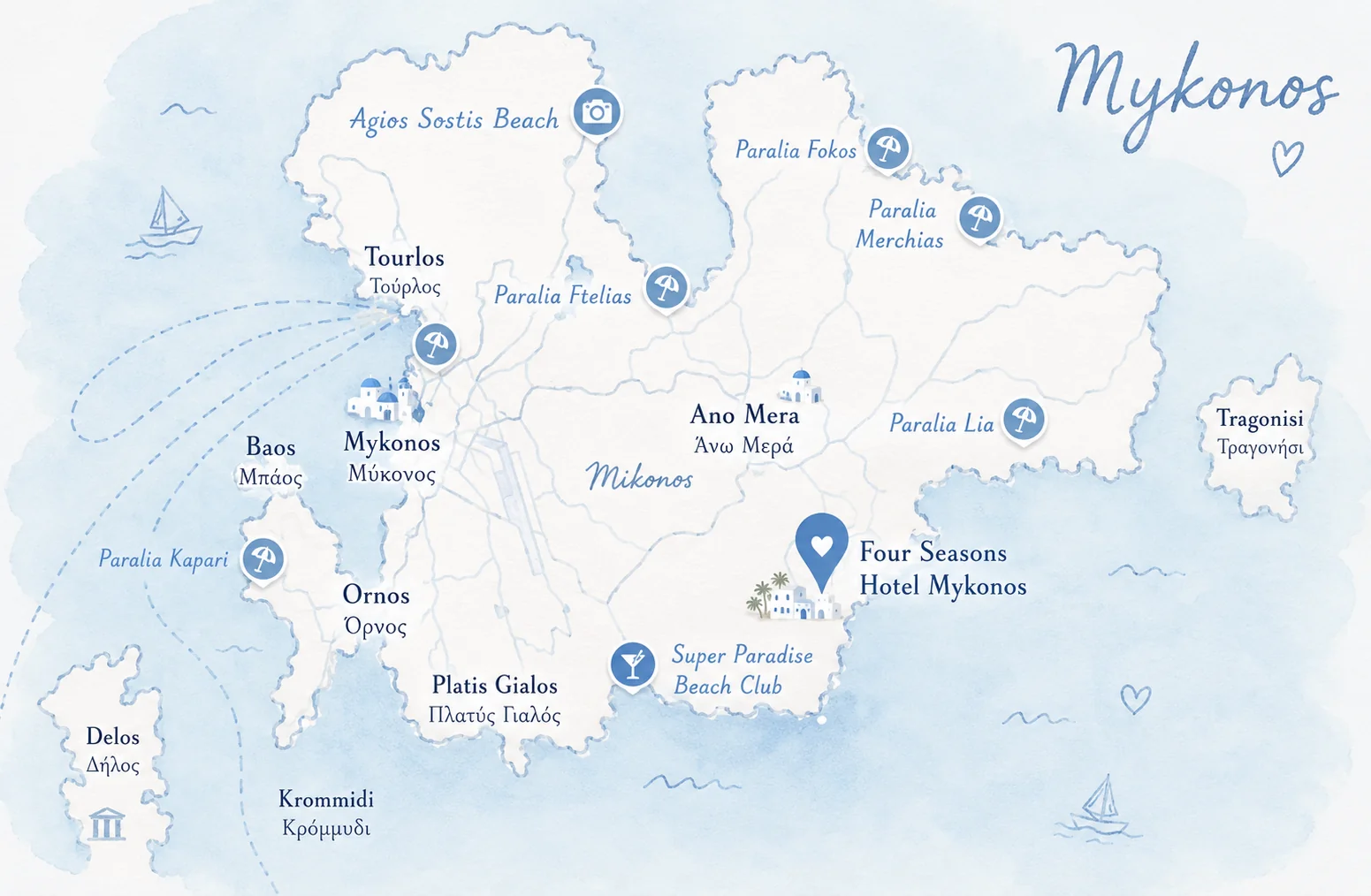 Map showing the location of Four Seasons Mykonos near Kalo Livadi Bay and Mykonos Town