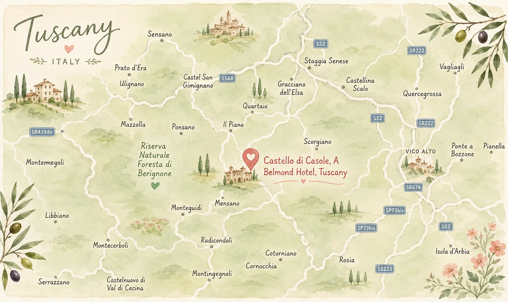 Illustrated map of Tuscany showing the location of Castello di Casole, a Belmond Hotel, near Casole d’Elsa, Italy.