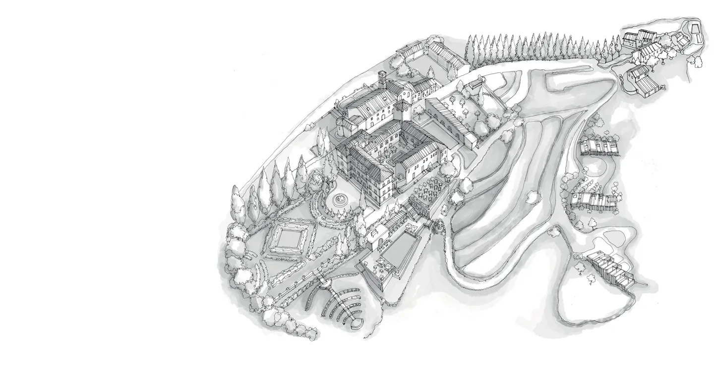 Illustrated map of the Castello di Casole estate showing the layout of the hotel grounds and amenities.